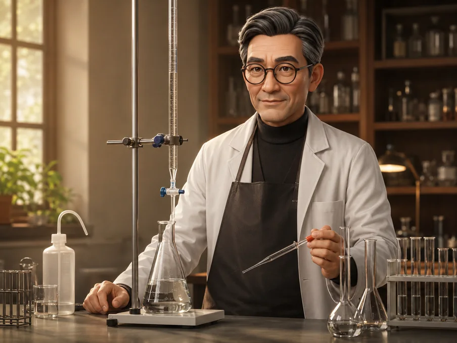 A chemistry tutor beside standard titration apparatus